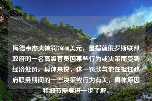 梅德韦杰夫被罚76000美元，是指前俄罗斯联邦政府的一名高级官员因某些行为或决策而受到经济处罚。具体来说，这一罚款与他在担任政府职务期间的一些决策或行为有关，具体原因和细节需要进一步了解。