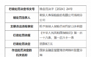 利安人寿扬州分公司被罚8万元：因给予投保人保险合同约定以外利益